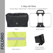 Brompton Brompton S Bag set features a black bag with laptop pocket, silver frame, yellow rain cover, and front carrier block | Foldrio. Foldrio