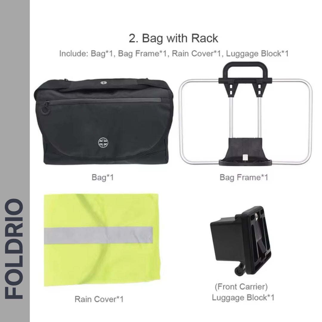 Brompton Brompton S Bag set features a black bag with laptop pocket, silver frame, yellow rain cover, and front carrier block | Foldrio. Foldrio