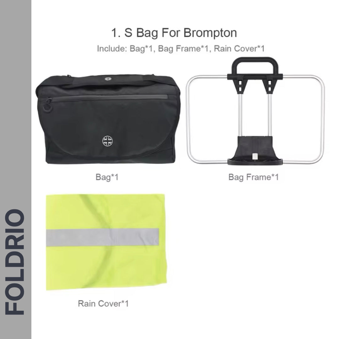 Brompton Brompton black S Bag with laptop compartment, metal frame, folded yellow rain cover on white background | Foldrio. Foldrio