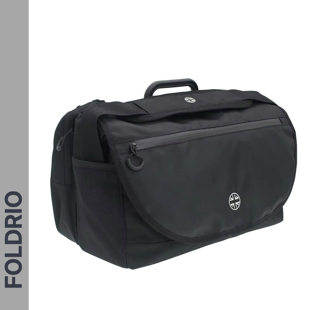 Brompton Brompton black S Bag with top handle, front zip, side mesh pocket, laptop sleeve, and vertical Foldrio logo | Foldrio. Foldrio