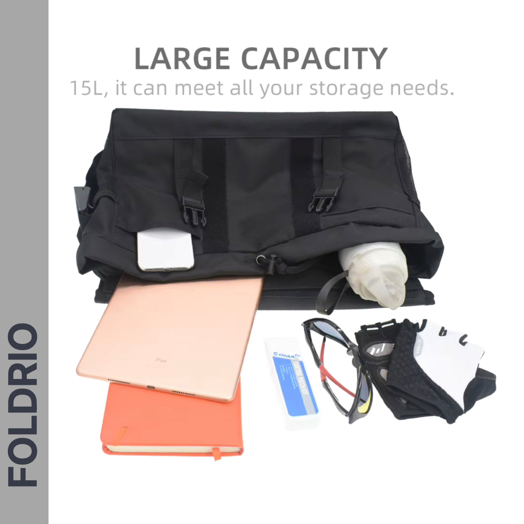 Brompton Brompton S Bag in black with 15L capacity, laptop slot, and compartments for essentials—ideal for new bike owners | Foldrio. Foldrio