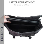 Brompton Brompton S Bag’s main compartment fits up to 14” laptops; Samsung laptop being placed inside. FOLDRIO branding shown | Foldrio. Foldrio
