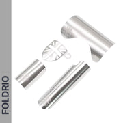 Four silver metal Brompton Frame Protector Sets with a British flag design by FOLDRIO are shown on a white background, with the FOLDRIO brand name vertically on a grey bar at the left.