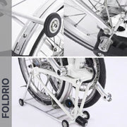 Close-up views of a Brompton Rear Rack – Lightweight Aluminium Cargo Rack with small support wheels and ultralight aluminium easywheel mounts, shown from various angles. The word FOLDRIO appears vertically on the left side.