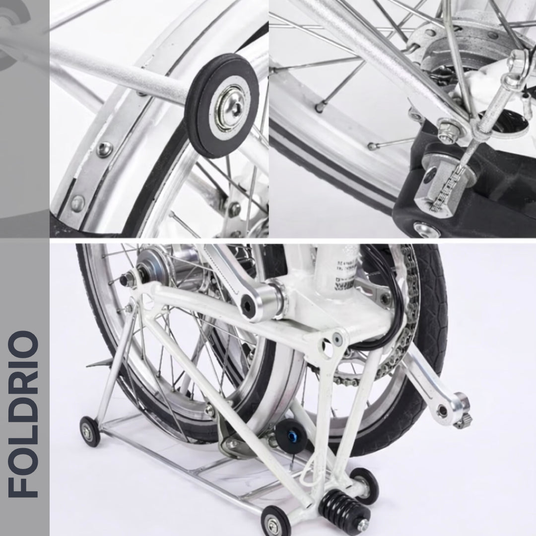 Close-up views of a Brompton Rear Rack – Lightweight Aluminium Cargo Rack with small support wheels and ultralight aluminium easywheel mounts, shown from various angles. The word FOLDRIO appears vertically on the left side.
