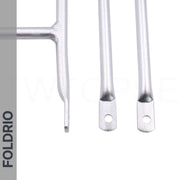 Close-up of three ultralight aluminium rods with flat, holed ends—perfect as mounts for the Brompton Rear Rack – Lightweight Aluminium Cargo Rack. The rods stand vertically on white beside a vertical gray FOLDRIO logo.