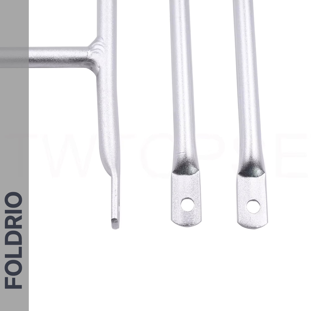 Close-up of three ultralight aluminium rods with flat, holed ends—perfect as mounts for the Brompton Rear Rack – Lightweight Aluminium Cargo Rack. The rods stand vertically on white beside a vertical gray FOLDRIO logo.