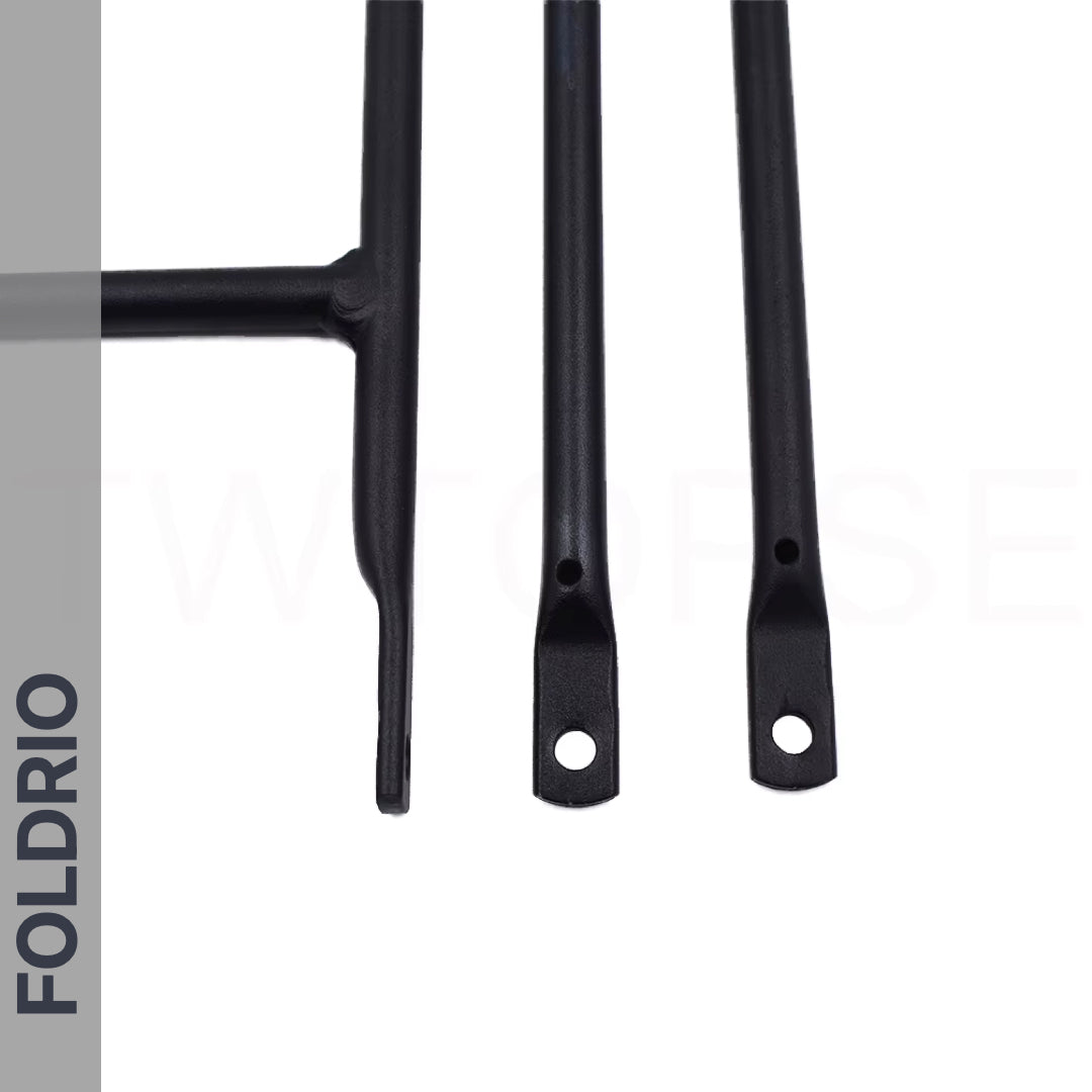 Three black aluminium rods, ideal as easywheel mounts for the Brompton Rear Rack – Lightweight Aluminium Cargo Rack, are arranged vertically on a white background. "FOLDRIO" appears vertically on a gray strip to the left.