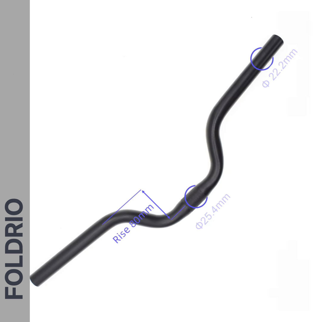 The Brompton M Handlebar in anodised aluminium, available in 5 colours, is displayed on a white background. Blue labels show 80mm rise, 25.4mm clamp diameter, and 22.2mm grip for upright riding; FOLDRIO appears vertically on the left.