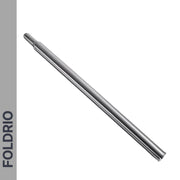 A slim, metallic Brompton Titanium Seatpost – Lightweight Upgrade (560mm & 580mm), made from GR9 titanium alloy, with a slightly rounded tip is shown on a white background. "FOLDRIO" appears vertically on a gray strip on the left.