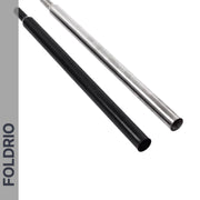 Two metal tubes, one black and one silver, are parallel on a white background. "FOLDRIO" appears vertically on a gray strip, showcasing the Brompton Titanium Seatpost – Lightweight Upgrade in 560mm & 580mm lengths.