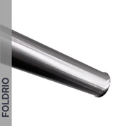A close-up of a smooth, cylindrical Brompton Titanium Seatpost – Lightweight Upgrade (560mm & 580mm) with a reflective GR9 titanium alloy surface on white; "FOLDRIO" is vertically displayed on a gray strip along the left.