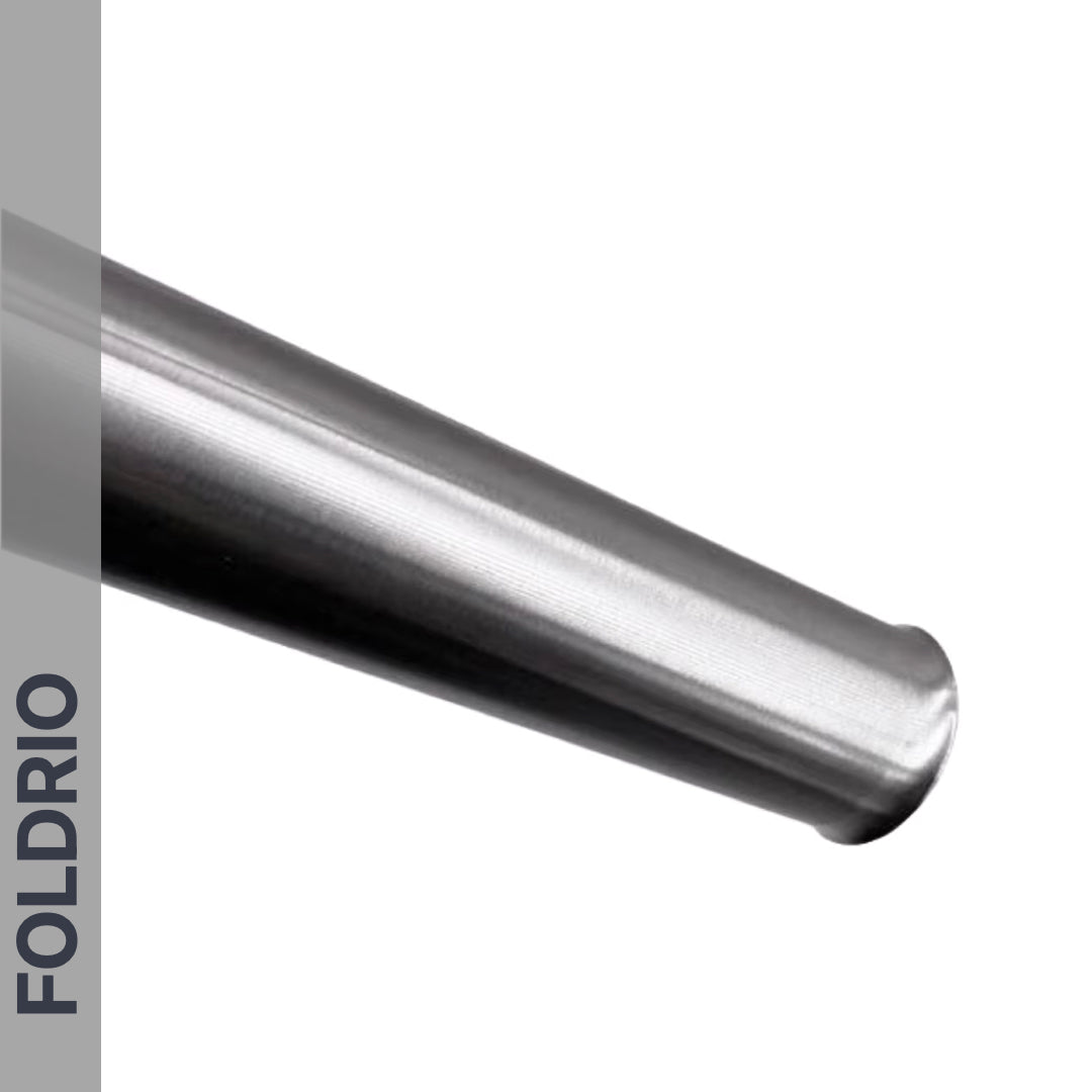 A close-up of a smooth, cylindrical Brompton Titanium Seatpost – Lightweight Upgrade (560mm & 580mm) with a reflective GR9 titanium alloy surface on white; "FOLDRIO" is vertically displayed on a gray strip along the left.