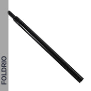 A long, black cylindrical metal tube (Brompton Titanium Seatpost – Lightweight Upgrade, 560mm & 580mm), diameter 31.8mm with a narrower end, lays diagonally on a white background. A gray strip on the left shows "FOLDRIO" in bold letters.