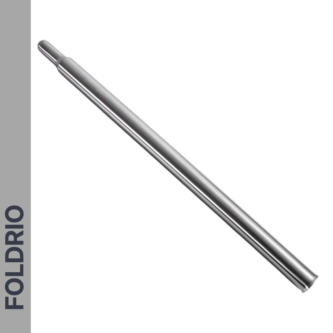 A metallic, cylindrical Brompton Titanium Seatpost—lightweight upgrade, 560mm & 580mm—is shown diagonally on a white background, with "FOLDRIO" vertically displayed on a gray strip along the left side.