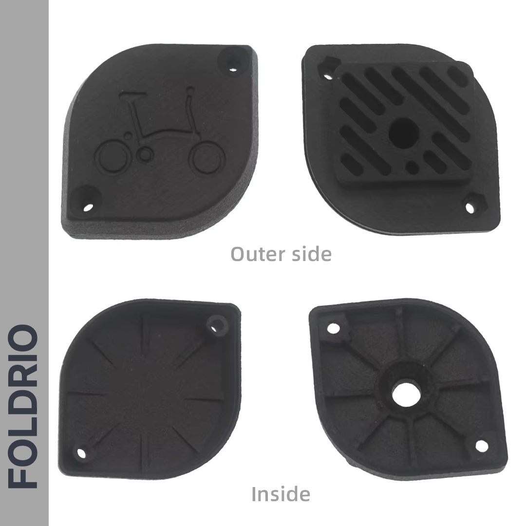 Four black plastic parts are shown: two marked "Outer side" with patterns, and two labeled "Inside" with different structures. FOLDRIO is on the left—this is the Brompton AirTag Saddle Mount, a hidden tracker holder for anti-theft bike tracking.