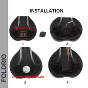 Four-step installation for Brompton AirTag Saddle Mount – Hidden Tracker Holder, showing seat underside. Steps: find mounting hole, set logo correctly, use screwdriver, and fit AirTag holder. FOLDRIO is vertically on the left.