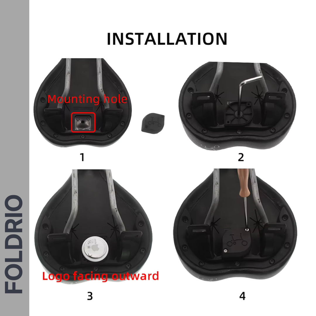 Four-step installation for Brompton AirTag Saddle Mount – Hidden Tracker Holder, showing seat underside. Steps: find mounting hole, set logo correctly, use screwdriver, and fit AirTag holder. FOLDRIO is vertically on the left.
