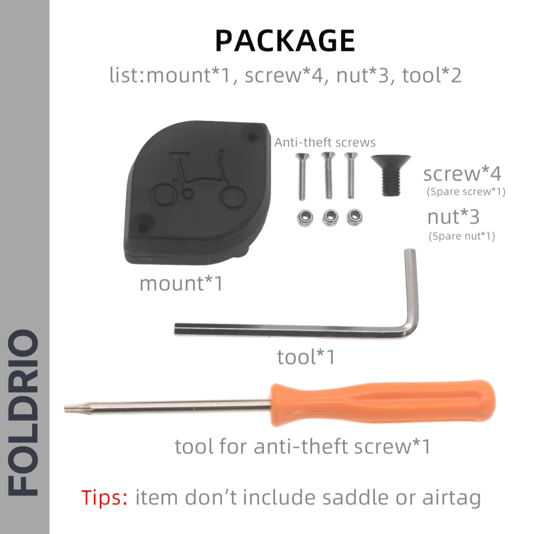 The Brompton AirTag Saddle Mount – Hidden Tracker Holder includes a black mount, four screws, three nuts, two tools (hex key & screwdriver), and a label stating saddle or airbag not included. Compatible with hidden Apple AirTag holder for discreet tracking.