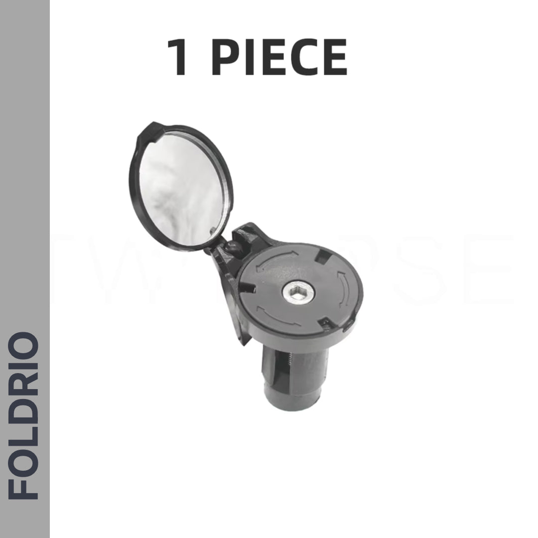 A single black Brompton Bar End Mirror – 360° Adjustable, Foldable is shown with its circular cover open, revealing the inside. "1 PIECE" appears above, and "FOLDRIO" is written vertically on the left side.