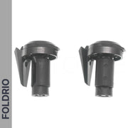 Two identical black plastic Brompton Bar End Mirror – 360° Adjustable, Foldable components with side tabs are shown from different angles against a white background. "FOLDRIO" appears vertically on a gray stripe to the left.