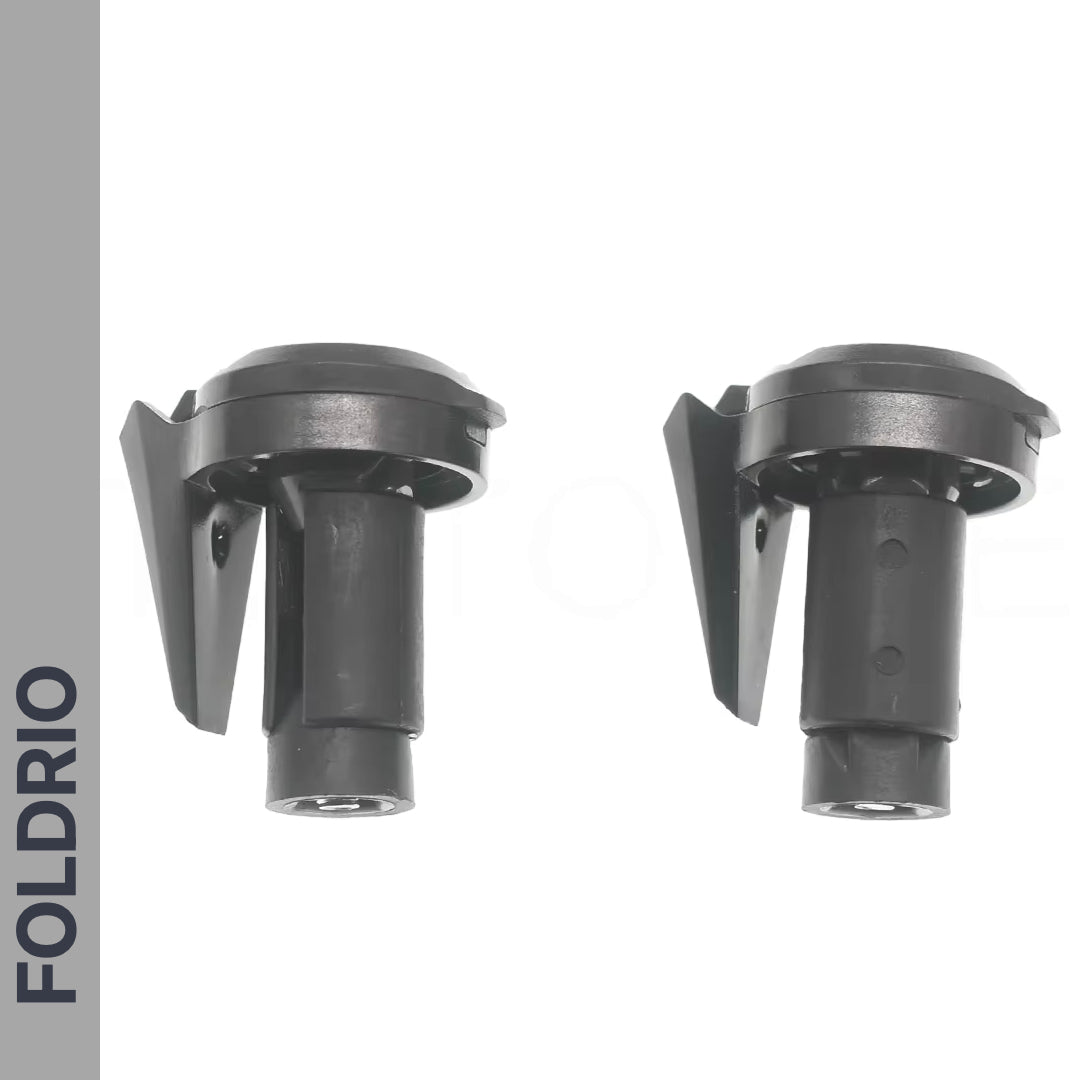 Two identical black plastic Brompton Bar End Mirror – 360° Adjustable, Foldable components with side tabs are shown from different angles against a white background. "FOLDRIO" appears vertically on a gray stripe to the left.