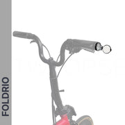 Handlebars of a folding bicycle with focus on the open end of the right grip, perfect for installing a Brompton Bar End Mirror – 360° Adjustable, Foldable. The gray vertical bar on the left displays “FOLDRIO” in bold letters.