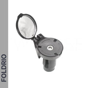 A Brompton Bar End Mirror – 360° Adjustable, Foldable, made of black plastic with a round hinged cap and reflective surface, is displayed open against a white background. "FOLDRIO" appears vertically on a gray sidebar.