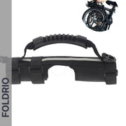 A Brompton Carry Handle & Shoulder Strap – Folded Bike Carrier is shown with padded handle and FOLDRIO straps. In the corner, a small image shows someone carrying a folded bike using a similar handle.