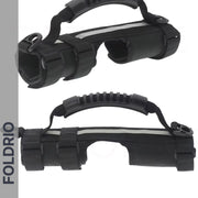 Two black foam and fabric handles with plastic grips, adjustable straps, and reflective strips for attaching the Brompton Carry Handle & Shoulder Strap – Folded Bike Carrier to vehicle roll bars. "FOLDRIO" appears vertically on the left side.