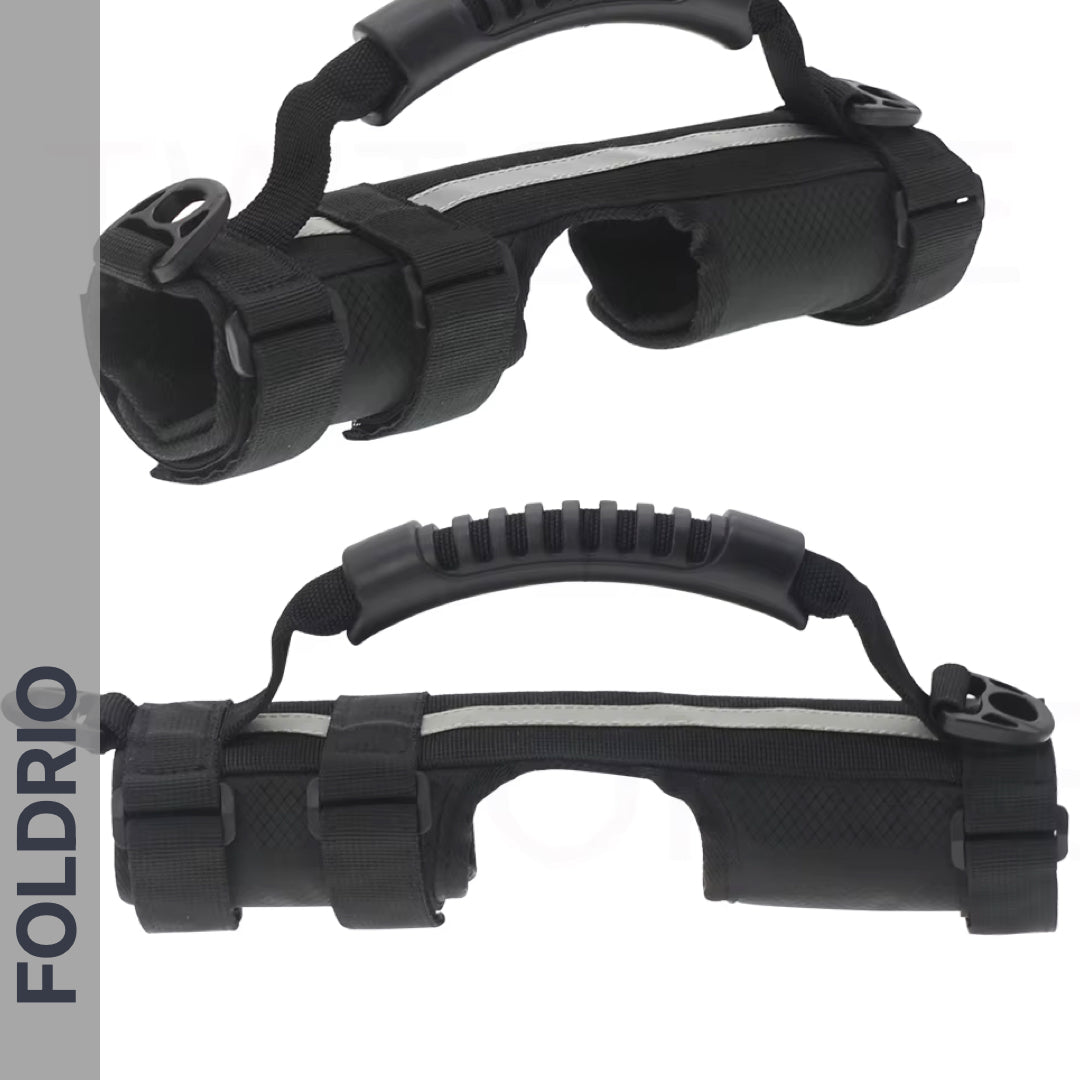 Two black foam and fabric handles with plastic grips, adjustable straps, and reflective strips for attaching the Brompton Carry Handle & Shoulder Strap – Folded Bike Carrier to vehicle roll bars. "FOLDRIO" appears vertically on the left side.