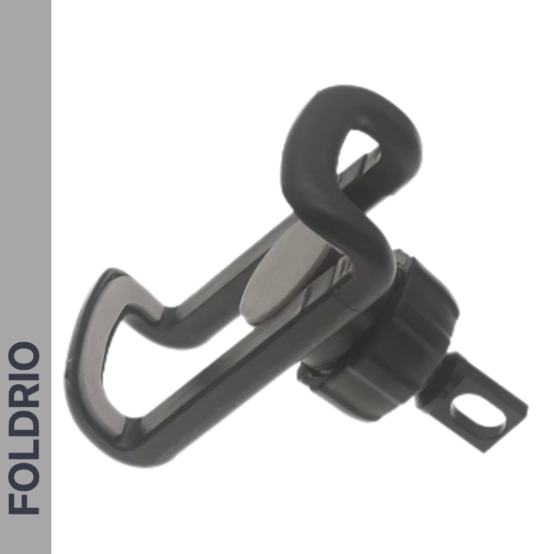 A black plastic folding Brompton Phone Mount by FOLDRIO, shown on a white background, features a rotating base and adjustable design. “FOLDRIO” appears vertically on a gray strip at the image’s left edge. No phone case needed; lightweight build.