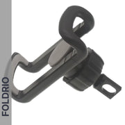 The FOLDRIO Brompton Phone Mount is a lightweight, black curved metal clip with a rotating knob and mounting hole. Designed for Brompton handlebars—no case needed. Displayed on white with "FOLDRIO" vertically along the left side.