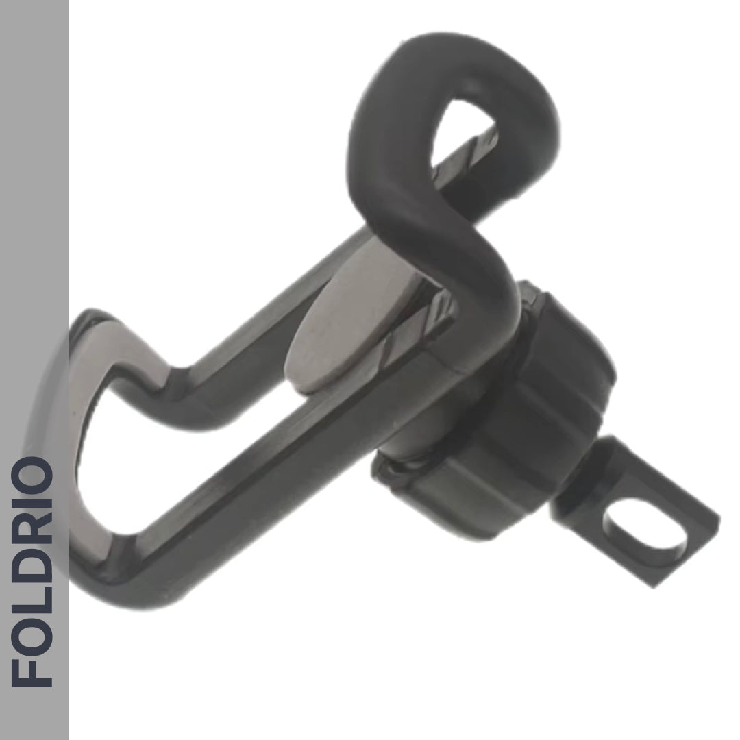 The FOLDRIO Brompton Phone Mount is a lightweight, black curved metal clip with a rotating knob and mounting hole. Designed for Brompton handlebars—no case needed. Displayed on white with "FOLDRIO" vertically along the left side.