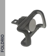 The FOLDRIO Brompton Phone Mount – Lightweight, No Case Needed – is shown in black with an angular design and a central circular magnet, displayed against a plain background with "FOLDRIO" vertically on the left.