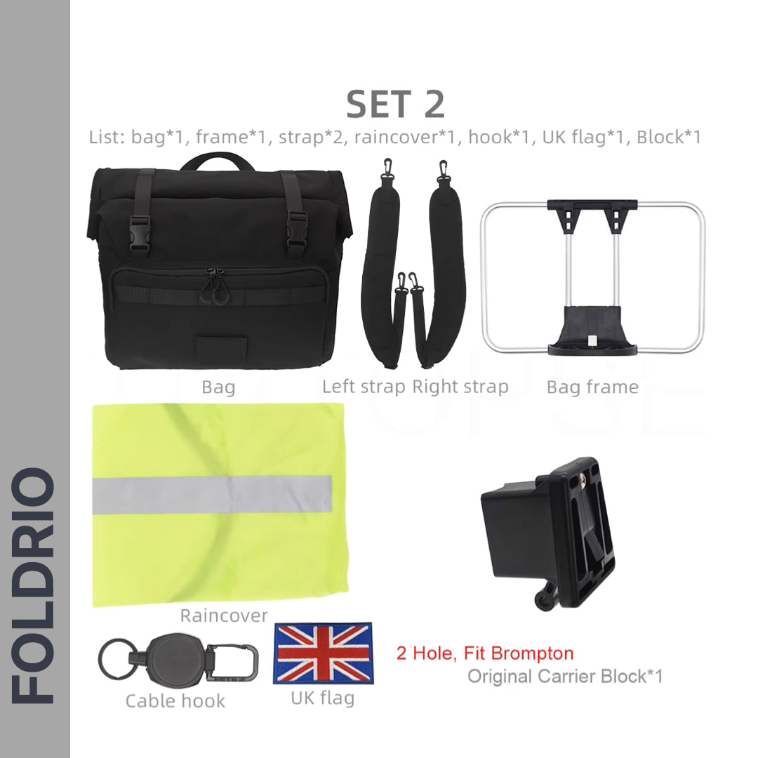 The FOLDRIO Brompton Roll-Top Front Bag – 27.5L includes a laptop compartment, two straps, metal frame, yellow raincover, cable hook, UK flag patch, and original carrier block—compatible with Brompton bikes.