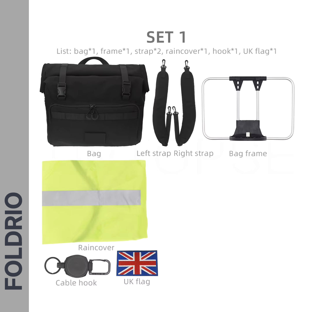 The FOLDRIO Brompton Roll-Top Front Bag (27.5L) includes a laptop compartment, two straps, bag frame, yellow raincover, cable hook, and small UK flag—essentials for commuting—all displayed on a white background.