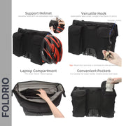 The FOLDRIO Brompton Roll-Top Front Bag – 27.5L is shown in black, featuring a support helmet hook, pull-out versatile hook, 14-inch laptop compartment, side pockets for bottles and small items. Compatible with the front carrier block.