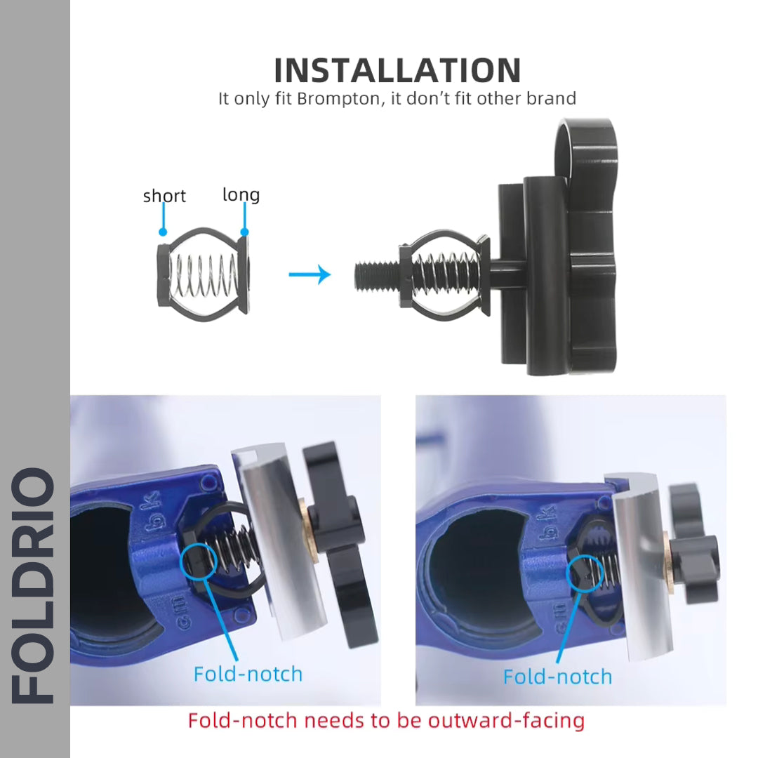 Diagram showing installation of the FOLDRIO Brompton Stem Fixing Buckle Spring, with labeled “short” and “long” springs, hinge clamp alignment tips, and instructions to keep the fold-notch outward. FOLDRIO branding shown on the side.