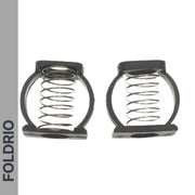 Two Brompton Stem Fixing Buckle Springs from FOLDRIO with black plastic frames are displayed side by side on a white background. "FOLDRIO" is printed vertically on a gray stripe along the left edge.