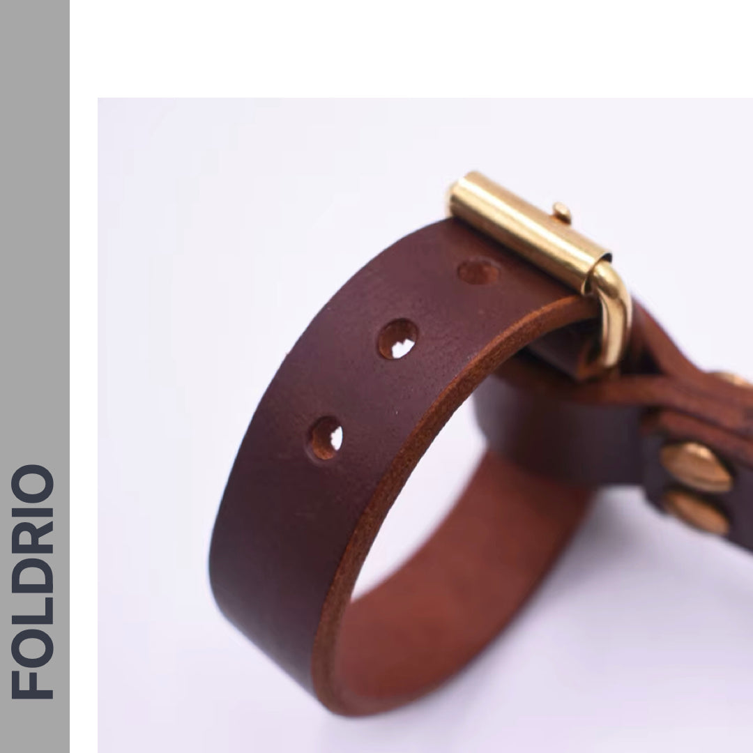 Close-up of the FOLDRIO Brompton Leather Carry Handle made from brown full-grain leather, featuring brass hardware and three adjustment holes. "FOLDRIO" is displayed vertically on the left against a white background.