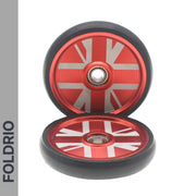 The FOLDRIO Brompton Easy Wheels Union Jack Edition features black rubber tires, red aluminum cores with a UK flag design, silver accents, center bearings, and lightweight titanium bolts—ideal for upgrading your Brompton bike.