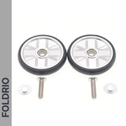 Two FOLDRIO Brompton Easy Wheels Union Jack Edition with laser-engraved hubs, titanium bolts, and rubber tires, displayed on a white background.