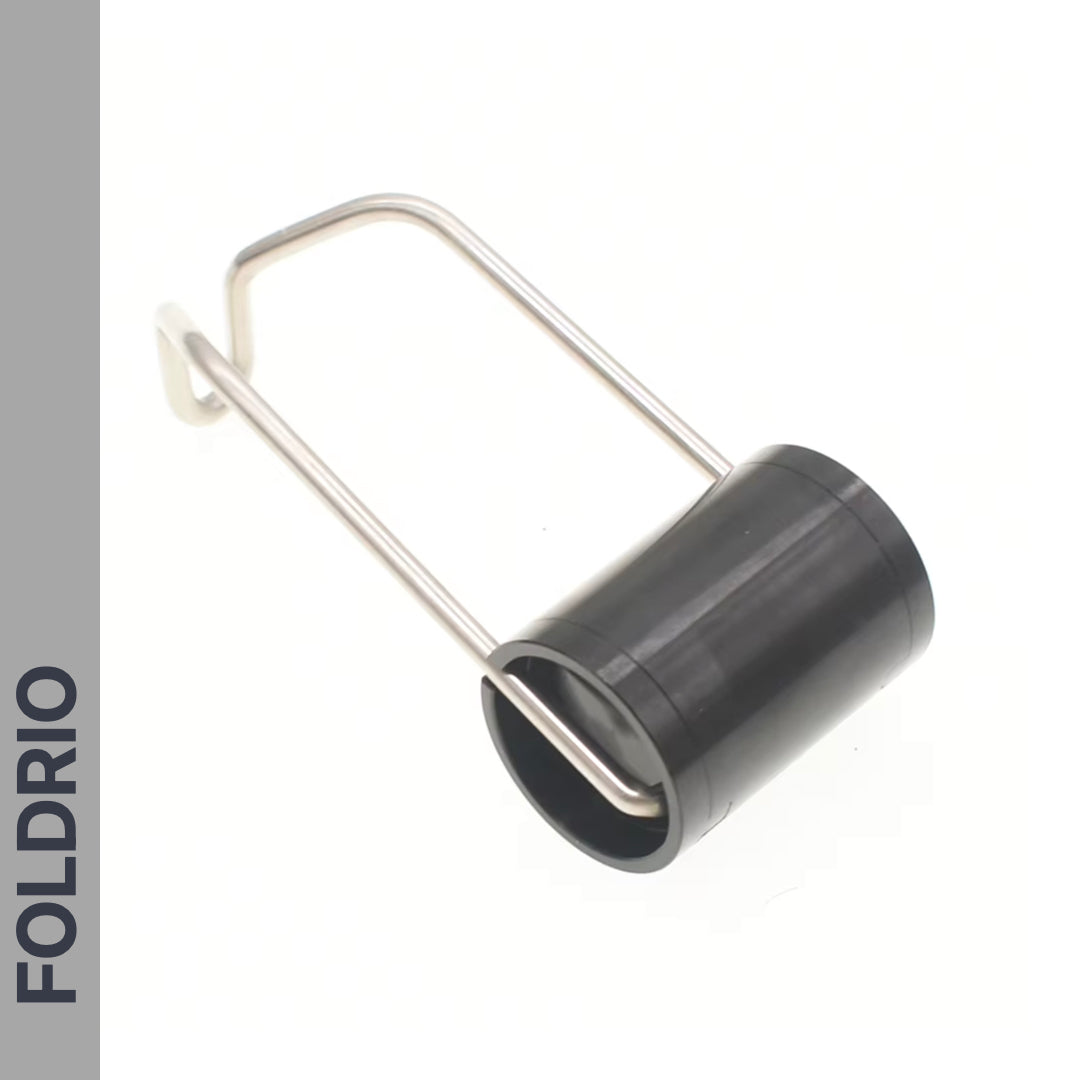 The FOLDRIO Brompton Front Fork Light is a black cylindrical bike light with a metal handle, shown on a white background. "FOLDRIO" appears vertically on the left. It features an adjustable beam and delivers up to 400 lumens of brightness.