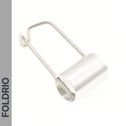 A cylindrical metallic Brompton Front Fork Light by FOLDRIO with a sleek handle, shown on a white background. "FOLDRIO" appears vertically in bold dark letters. It offers an adjustable beam and up to 400 lumens; USB-C rechargeable.
