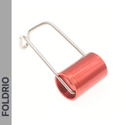 A red cylindrical Brompton Front Fork Light – 400 Lumen by FOLDRIO, featuring a silver metal handle and USB-C rechargeability, is displayed on a white background with "FOLDRIO" written vertically in gray on the left side.