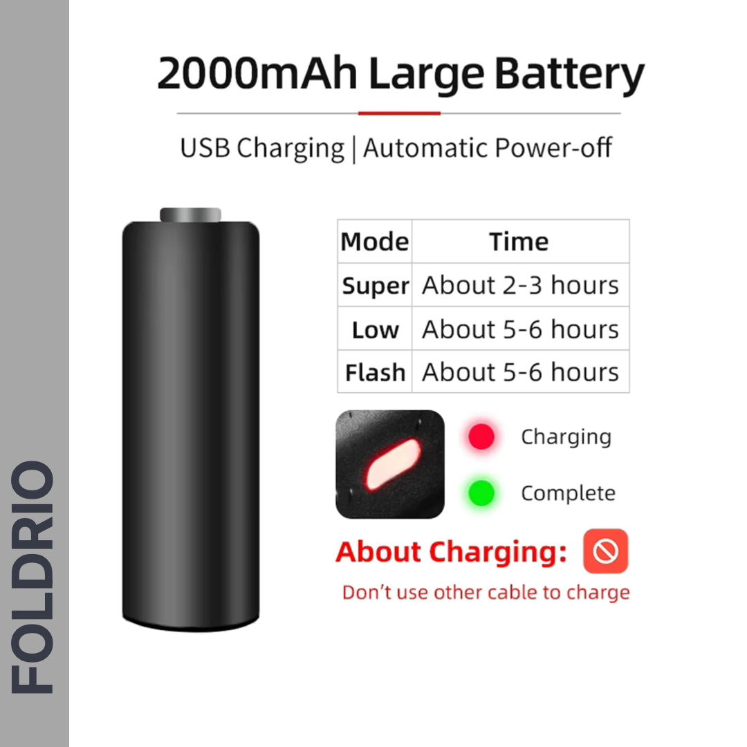 Image of the FOLDRIO Brompton Front Fork Light – 400 Lumen, USB-C rechargeable (2000mAh), showing adjustable beam, charging instructions, indicator lights, and a table of charging times: Super (2–3 hrs), Low/Flash (5–6 hrs).
