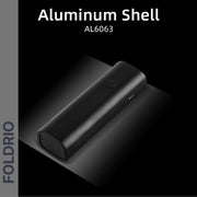 A sleek black aluminum device, labeled AL6063, is shown on a dark background with “Aluminum Shell” above and “FOLDRIO” left—ideal as the Brompton Front Fork Light, offering 400 lumens brightness and USB-C rechargeability.