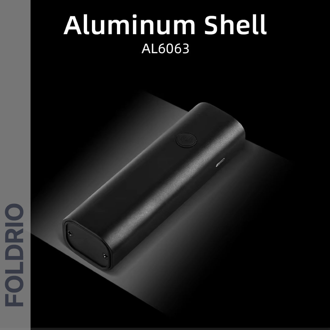 A sleek black aluminum device, labeled AL6063, is shown on a dark background with “Aluminum Shell” above and “FOLDRIO” left—ideal as the Brompton Front Fork Light, offering 400 lumens brightness and USB-C rechargeability.