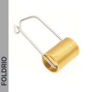 A compact golden cylindrical Brompton Front Fork Light by FOLDRIO with a silver wire handle rests on a white background. It features an adjustable beam up to 400 lumens, USB-C rechargeability, and "FOLDRIO" vertically on a grey side strip.